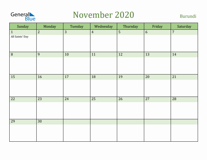 November 2020 Calendar with Burundi Holidays