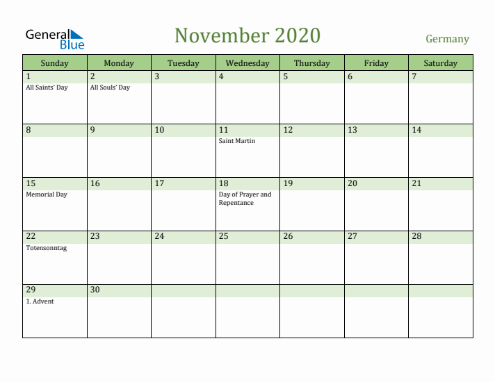 November 2020 Calendar with Germany Holidays