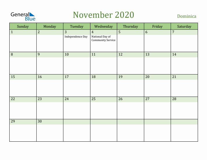 November 2020 Calendar with Dominica Holidays