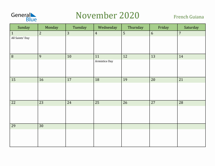 November 2020 Calendar with French Guiana Holidays