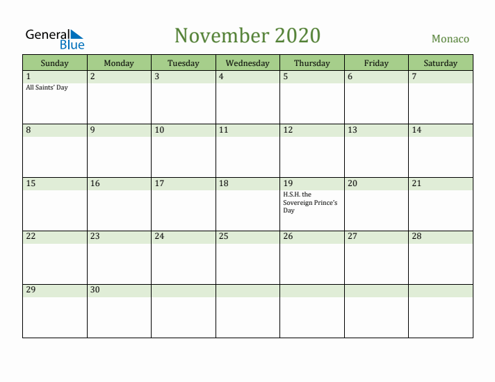 November 2020 Calendar with Monaco Holidays