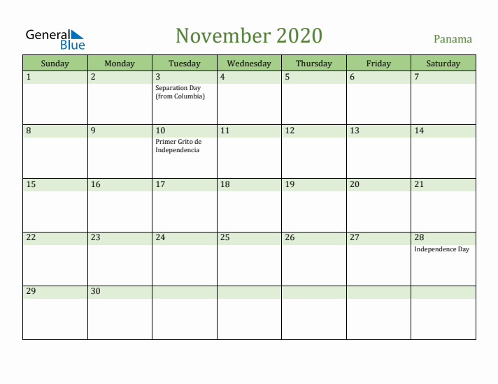 November 2020 Calendar with Panama Holidays