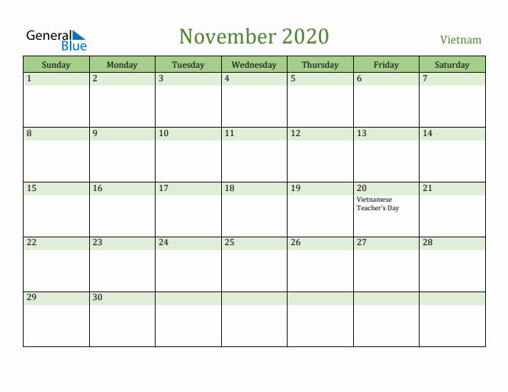 November 2020 Calendar with Vietnam Holidays