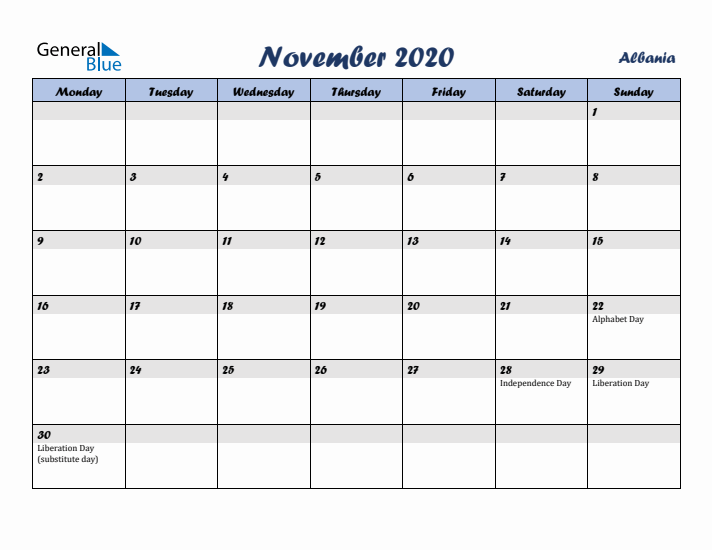 November 2020 Calendar with Holidays in Albania