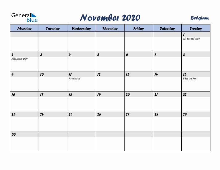 November 2020 Calendar with Holidays in Belgium