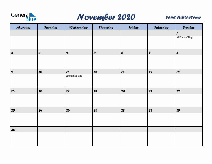 November 2020 Calendar with Holidays in Saint Barthelemy