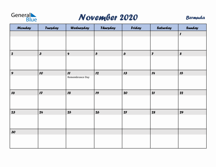 November 2020 Calendar with Holidays in Bermuda