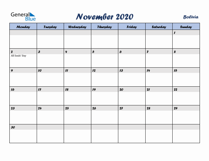 November 2020 Calendar with Holidays in Bolivia