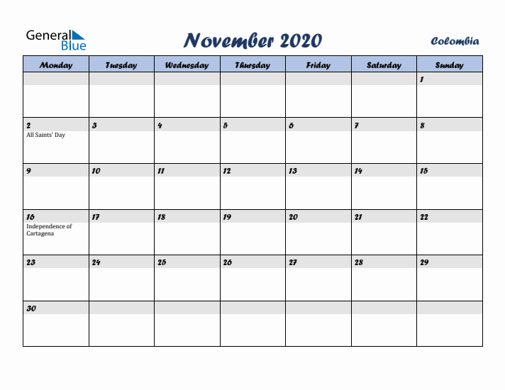 November 2020 Calendar with Holidays in Colombia