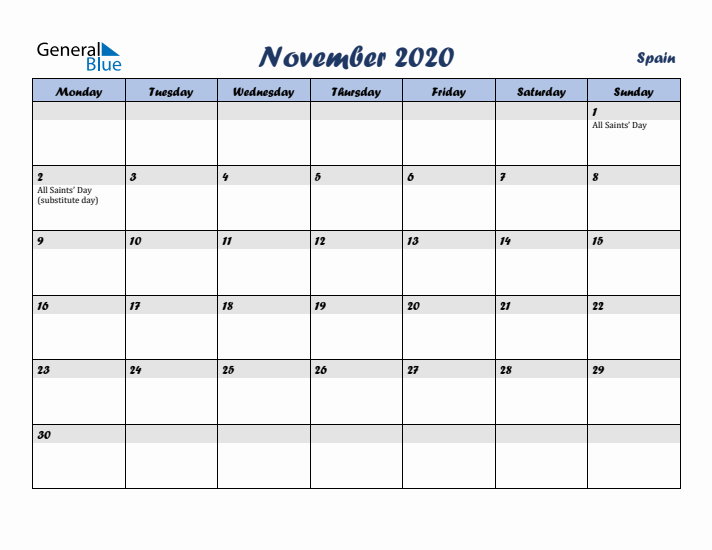 November 2020 Calendar with Holidays in Spain