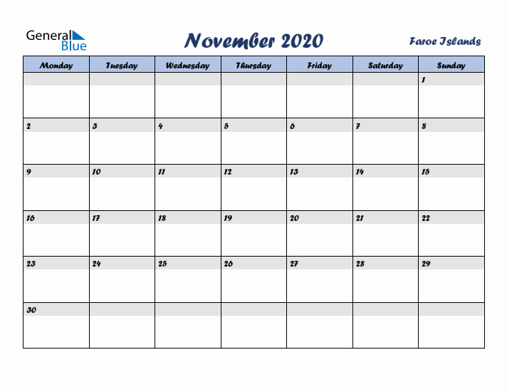 November 2020 Calendar with Holidays in Faroe Islands