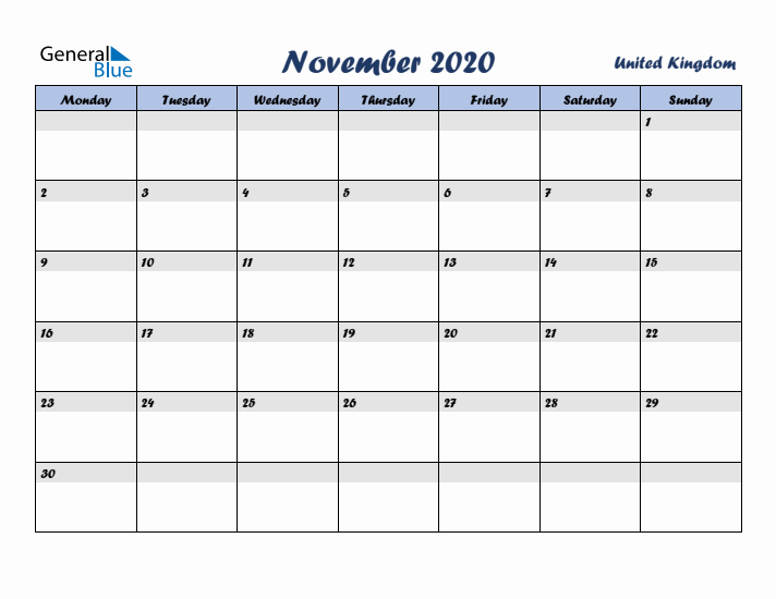 November 2020 Calendar with Holidays in United Kingdom