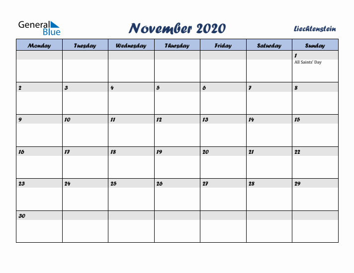 November 2020 Calendar with Holidays in Liechtenstein