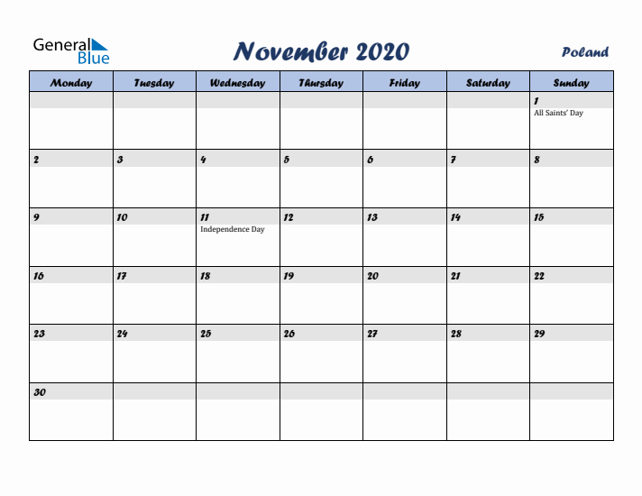 November 2020 Calendar with Holidays in Poland