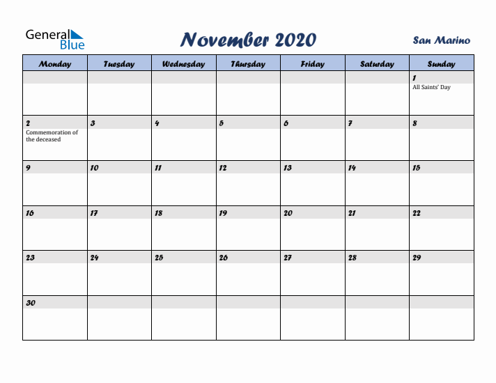 November 2020 Calendar with Holidays in San Marino