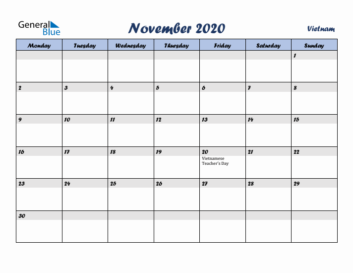 November 2020 Calendar with Holidays in Vietnam