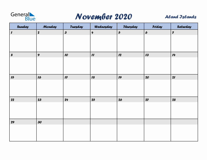 November 2020 Calendar with Holidays in Aland Islands