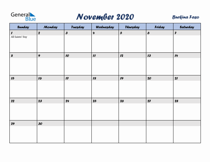 November 2020 Calendar with Holidays in Burkina Faso