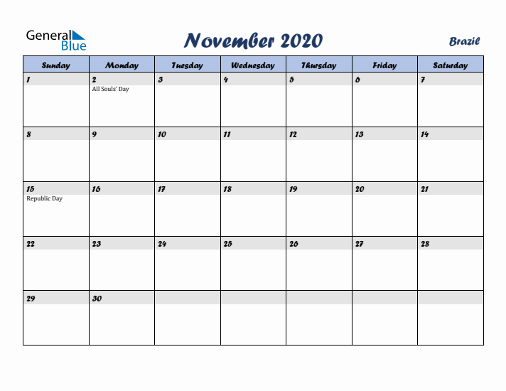 November 2020 Calendar with Holidays in Brazil