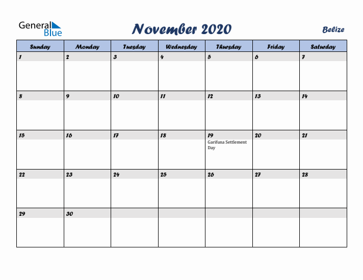 November 2020 Calendar with Holidays in Belize