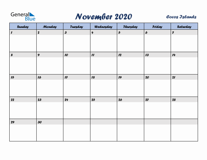 November 2020 Calendar with Holidays in Cocos Islands