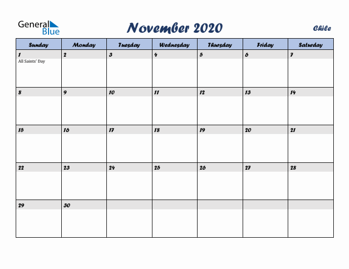 November 2020 Calendar with Holidays in Chile