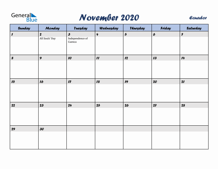 November 2020 Calendar with Holidays in Ecuador