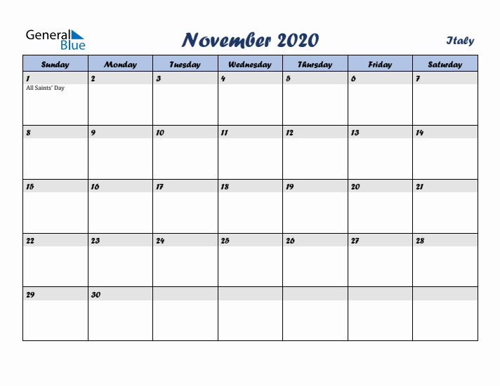 November 2020 Calendar with Holidays in Italy