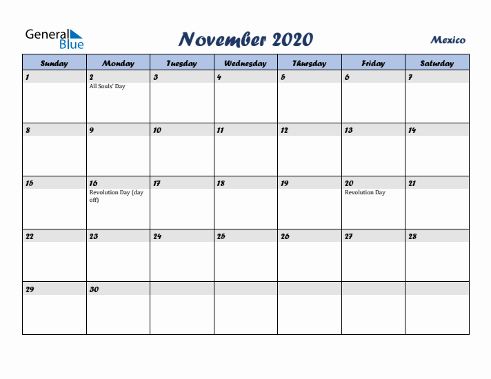 November 2020 Calendar with Holidays in Mexico