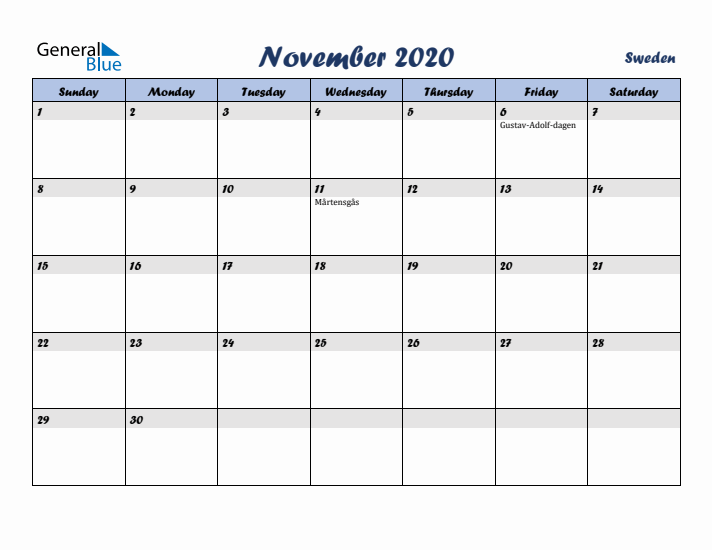 November 2020 Calendar with Holidays in Sweden