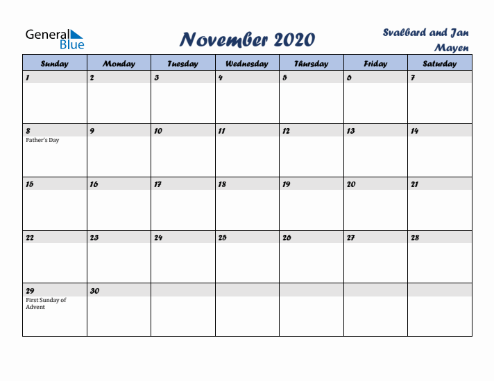 November 2020 Calendar with Holidays in Svalbard and Jan Mayen