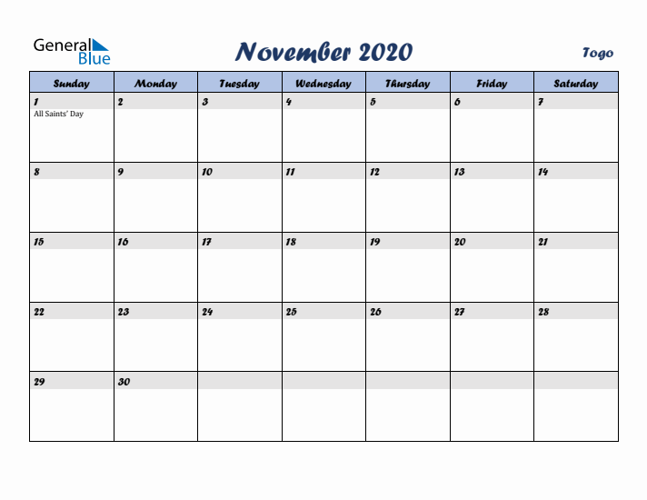 November 2020 Calendar with Holidays in Togo