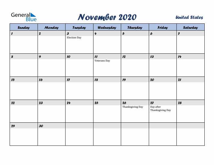 November 2020 Calendar with Holidays in United States