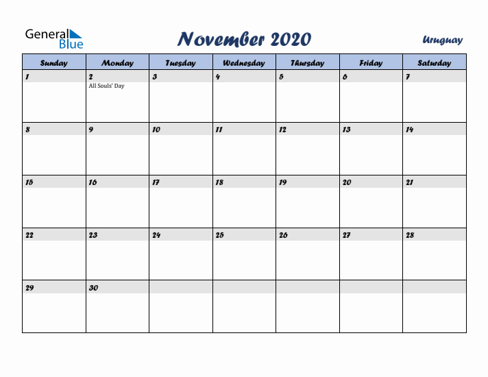 November 2020 Calendar with Holidays in Uruguay