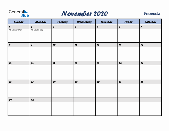 November 2020 Calendar with Holidays in Venezuela