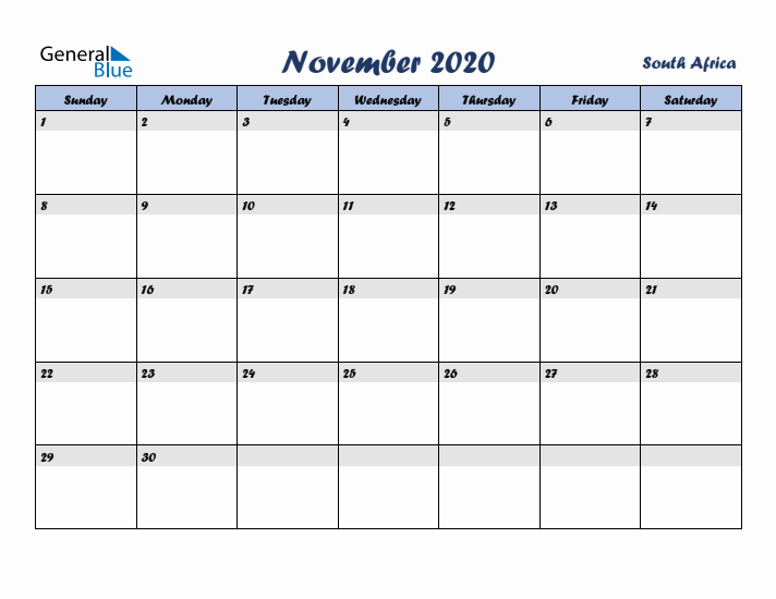 November 2020 Calendar with Holidays in South Africa