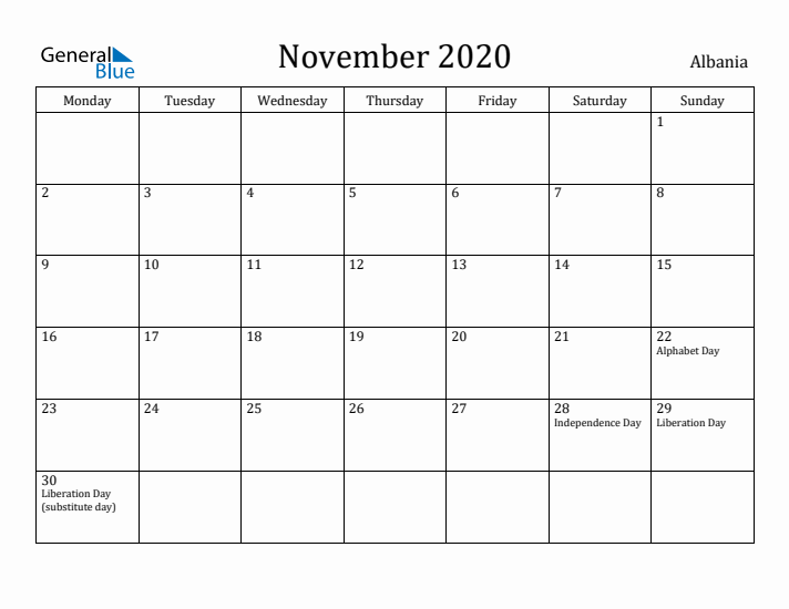 November 2020 Calendar Albania