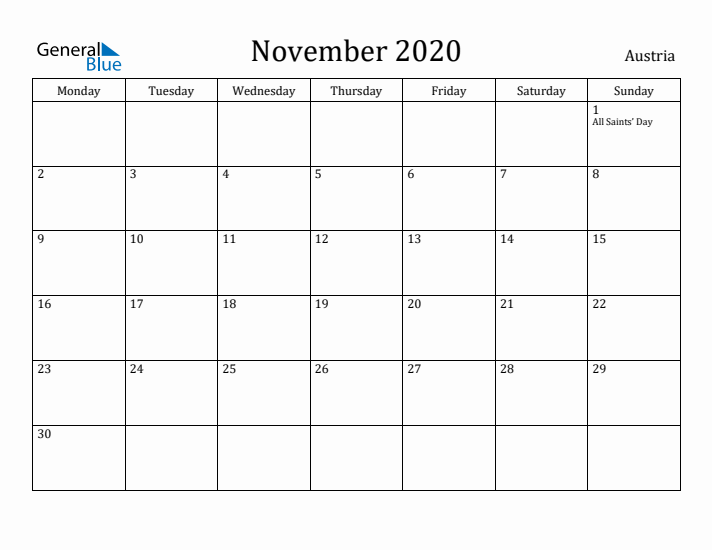 November 2020 Calendar Austria