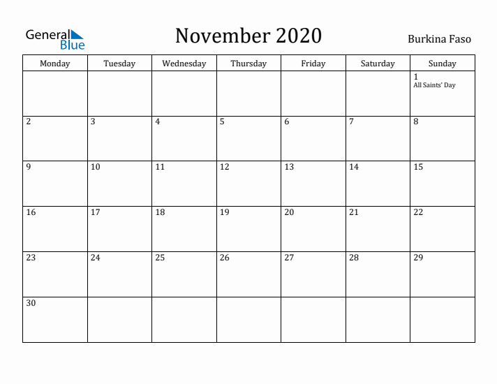 November 2020 Calendar Burkina Faso