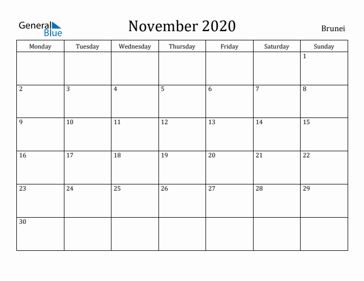 November 2020 Calendar Brunei