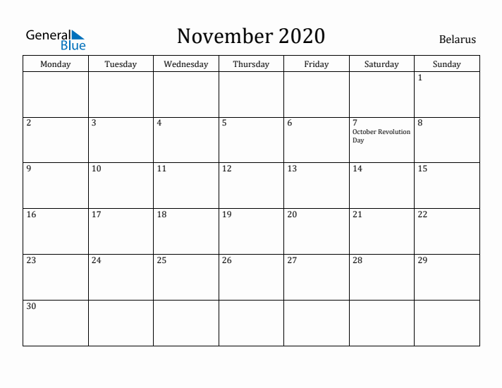 November 2020 Calendar Belarus