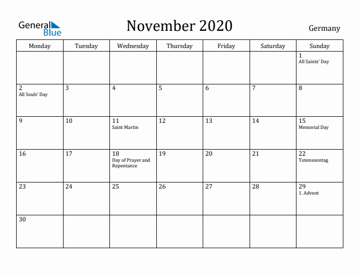 November 2020 Calendar Germany