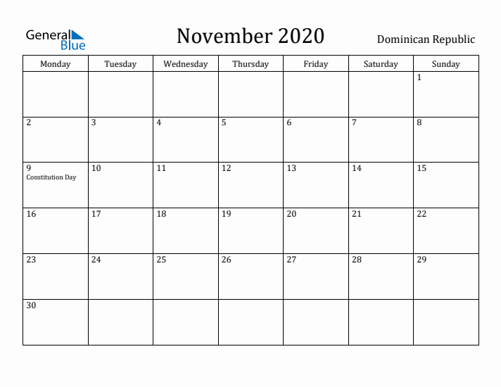 November 2020 Calendar Dominican Republic