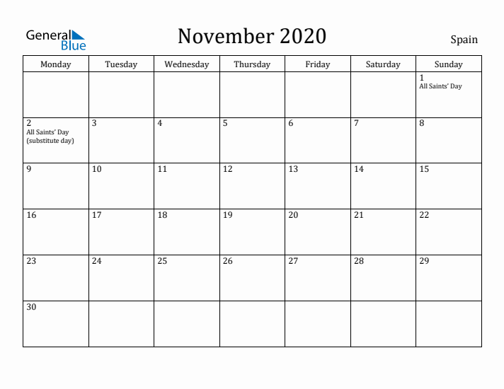 November 2020 Calendar Spain