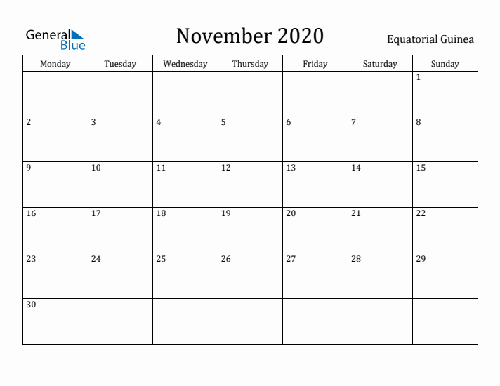 November 2020 Calendar Equatorial Guinea