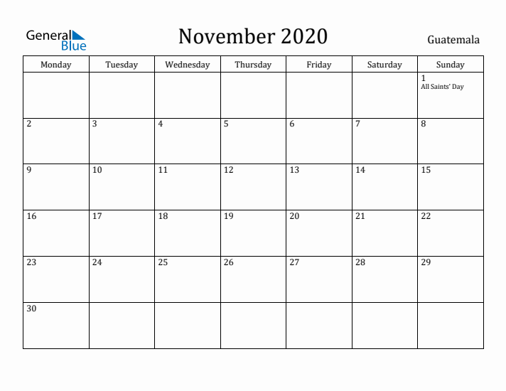 November 2020 Calendar Guatemala