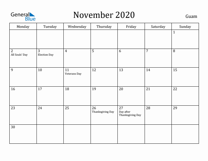 November 2020 Calendar Guam