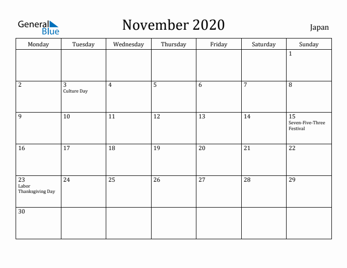 November 2020 Calendar Japan