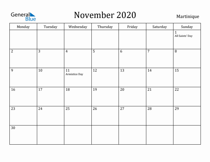 November 2020 Calendar Martinique