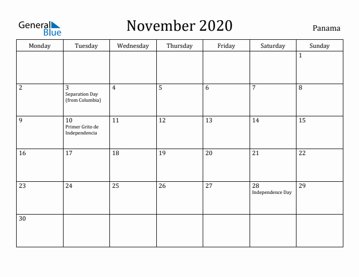 November 2020 Calendar Panama